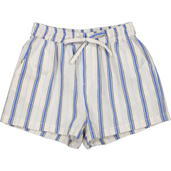 Pina Shorts by MarMar Copenhagen. Striped shorts with blue and cream tones, featuring an elastic waistband and drawstring