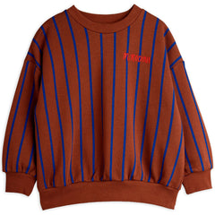 The Vertical Stripe Sweatshirt from Mini Rodini. Brown sweatshirt with blue stripes and red logo.