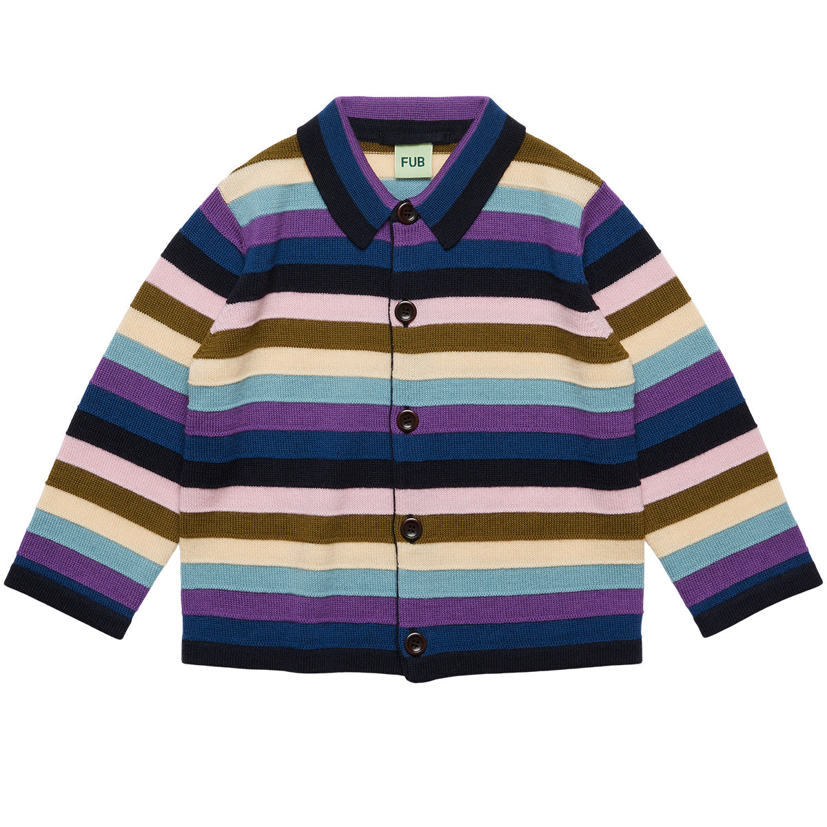 The Jacket from FUB featuring a multi-striped knit pattern, flat shirt collar, loose fit, and corozo nut button closure.
