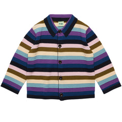 The Jacket from FUB featuring a multi-striped knit pattern, flat shirt collar, loose fit, and corozo nut button closure.