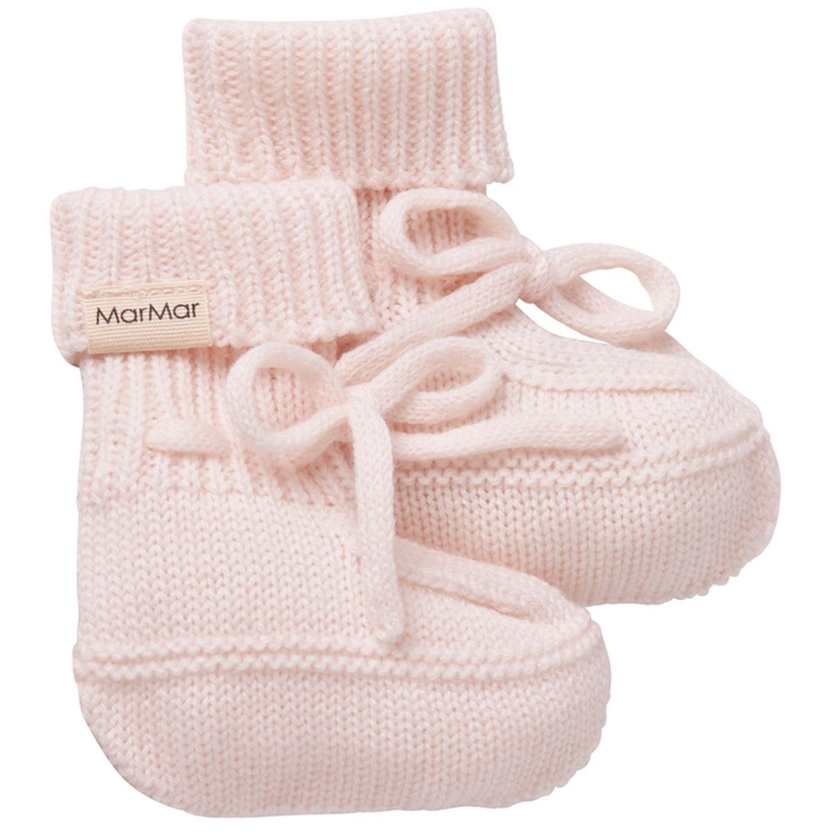 The Abootie Knit Booties from MarMar Copenhagen. Pair of pink knitted baby booties with a visible brand label.