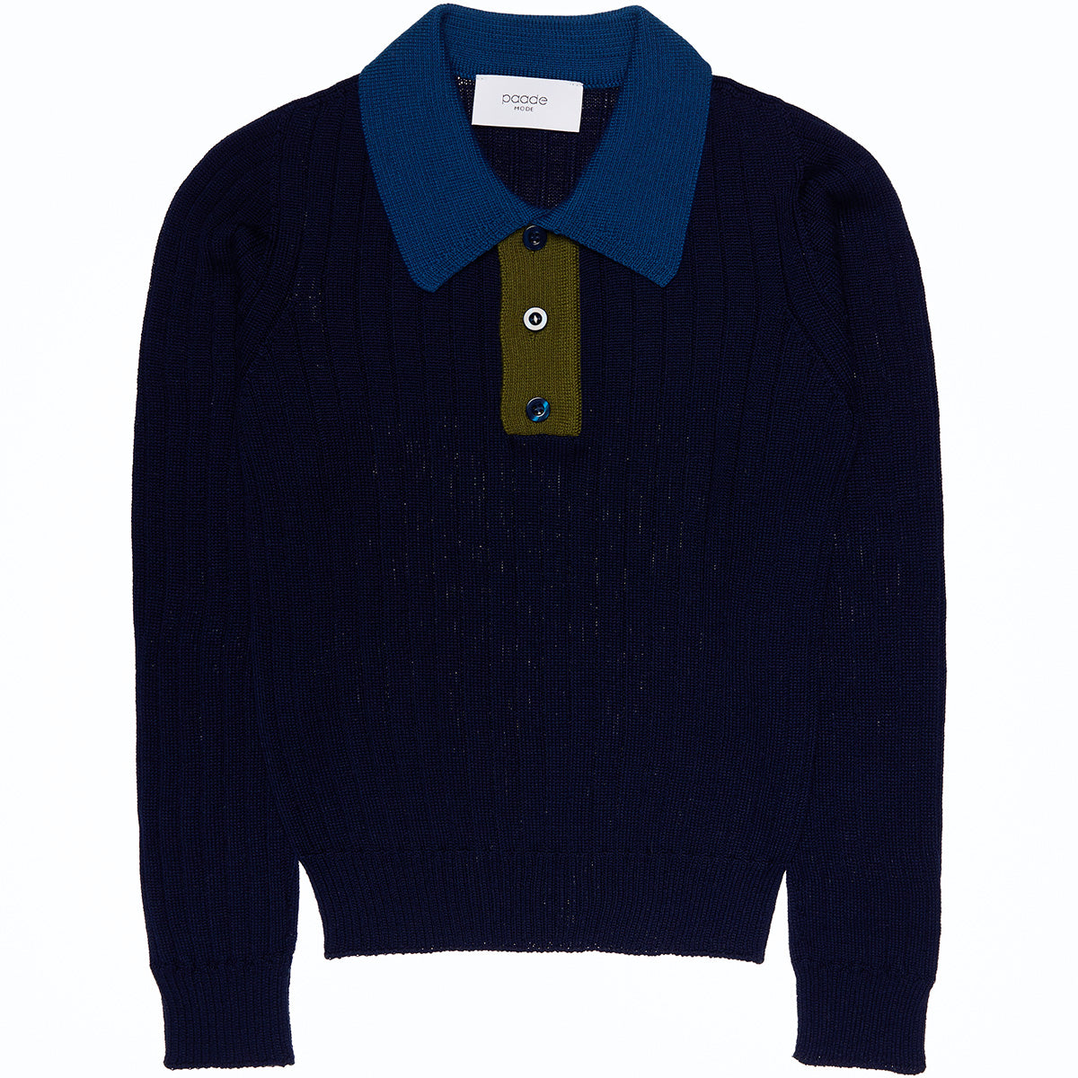 The Wool Seamless Polo Shirt from Paade Mode. Navy sweater with a blue collar and green button placket.