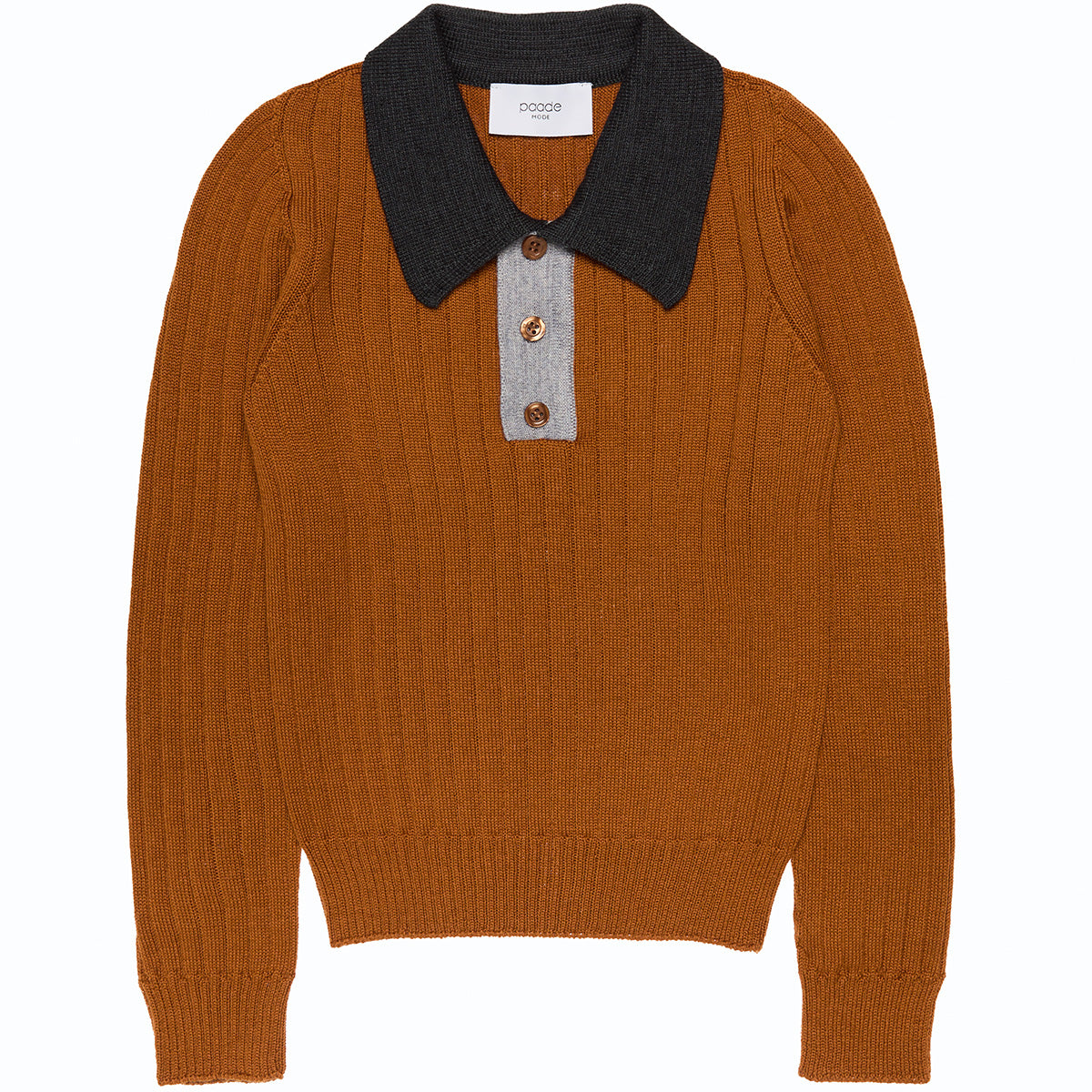 The Wool Seamless Polo Shirt from Paade Mode. Brown sweater with black collar and button details on a white background.