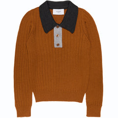 The Wool Seamless Polo Shirt from Paade Mode. Brown sweater with black collar and button details on a white background.