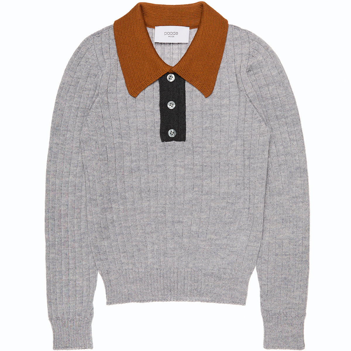The Wool Seamless Polo Shirt from Paade Mode. Gray sweater with brown collar and black placket on a white background.