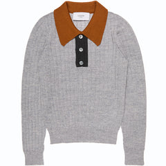 The Wool Seamless Polo Shirt from Paade Mode. Gray sweater with brown collar and black placket on a white background.