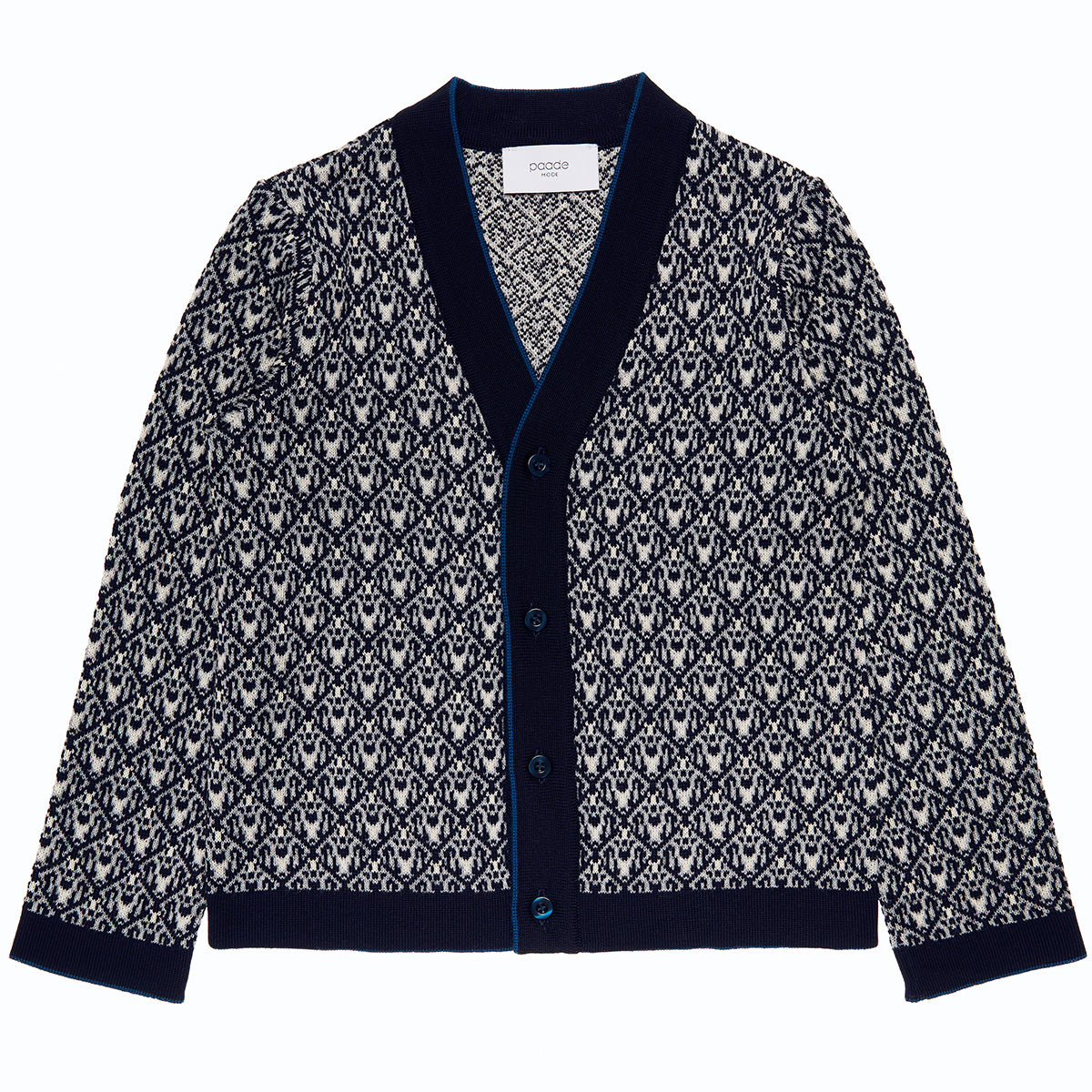 The Wool Cardigan Noel from Paade Mode. Geometric patterned cardigan with navy trim on a white background.