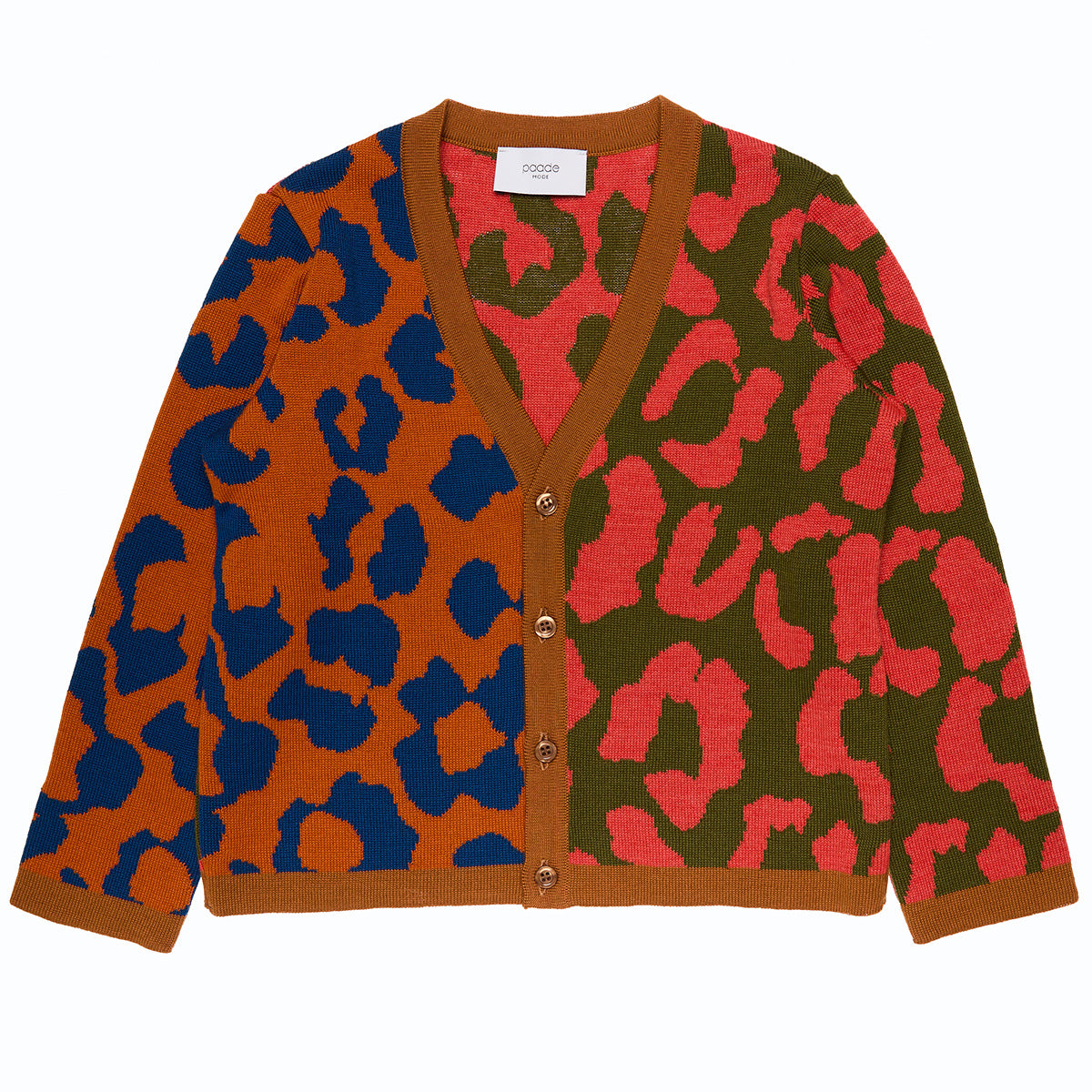 The Wool Cardigan Fiora from Paade Mode with a bold color-block leopard pattern in blue, orange, green, and red.