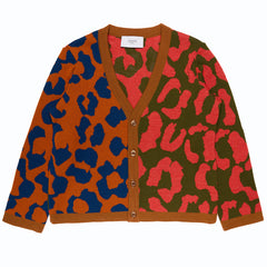 The Wool Cardigan Fiora from Paade Mode with a bold color-block leopard pattern in blue, orange, green, and red.