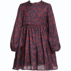 The Viscose Dress Cara from Paade Mode. Long-sleeve A-line dress in navy with an allover red abstract floral print.