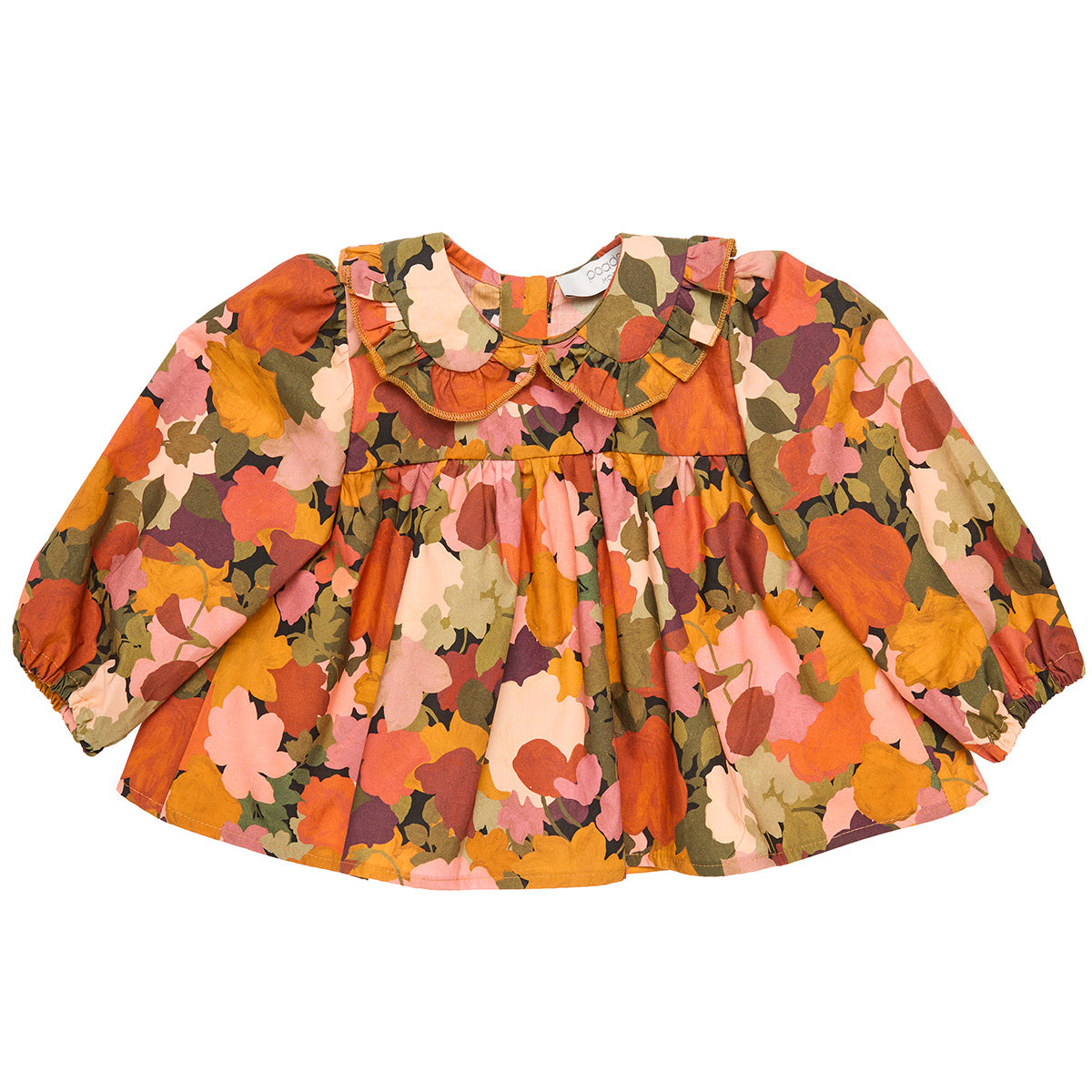 The Cotton Baby Blouse Sienna from Paade Mode. Floral print dress with puff sleeves, and a ruffled Peter Pan collar.