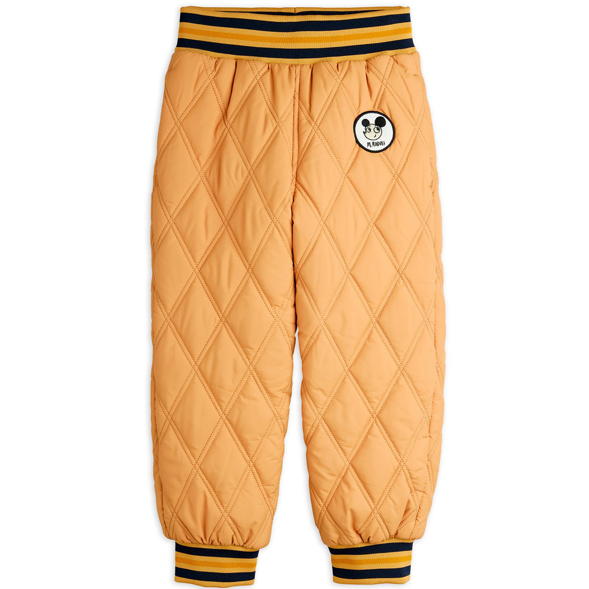 The Ritzratz Quilted Outerwear Pants from Mini Rodini. Quilted light brown pants with an embroidered patch logo.