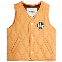 The Ritzratz Quilted Vest from Mini Rodini. Light brown quilted vest with an embroidered patch logo.