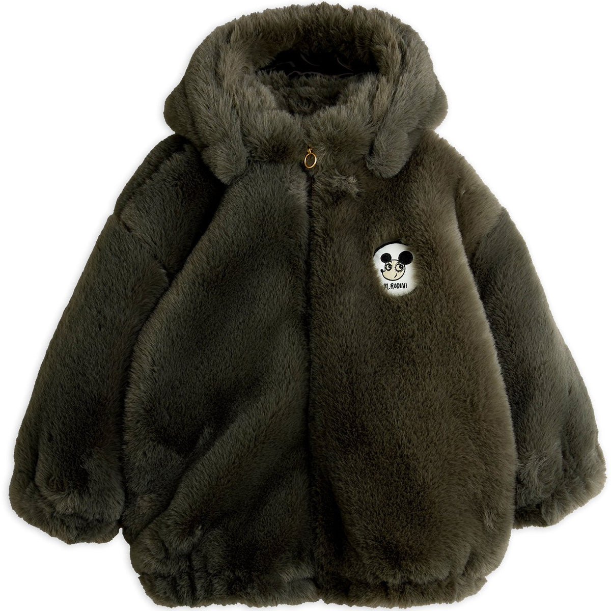 The Ritzratz Patch Faux Fur Jacket from Mini Rodini. Fluffy brown jacket with an embroidered panda face patch.