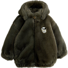 The Ritzratz Patch Faux Fur Jacket from Mini Rodini. Fluffy brown jacket with an embroidered panda face patch.