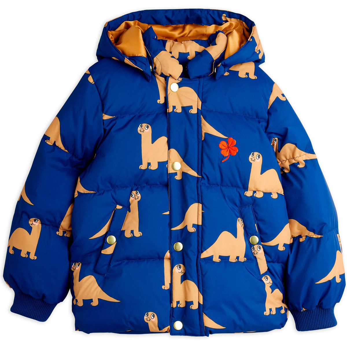 The Dinos Hooded Puffer Jacket from Mini Rodini. Water repellent and windproof puffer jacket with an all over Dino print.