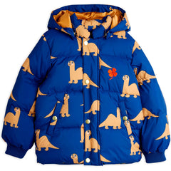 The Dinos Hooded Puffer Jacket from Mini Rodini. Water repellent and windproof puffer jacket with an all over Dino print.