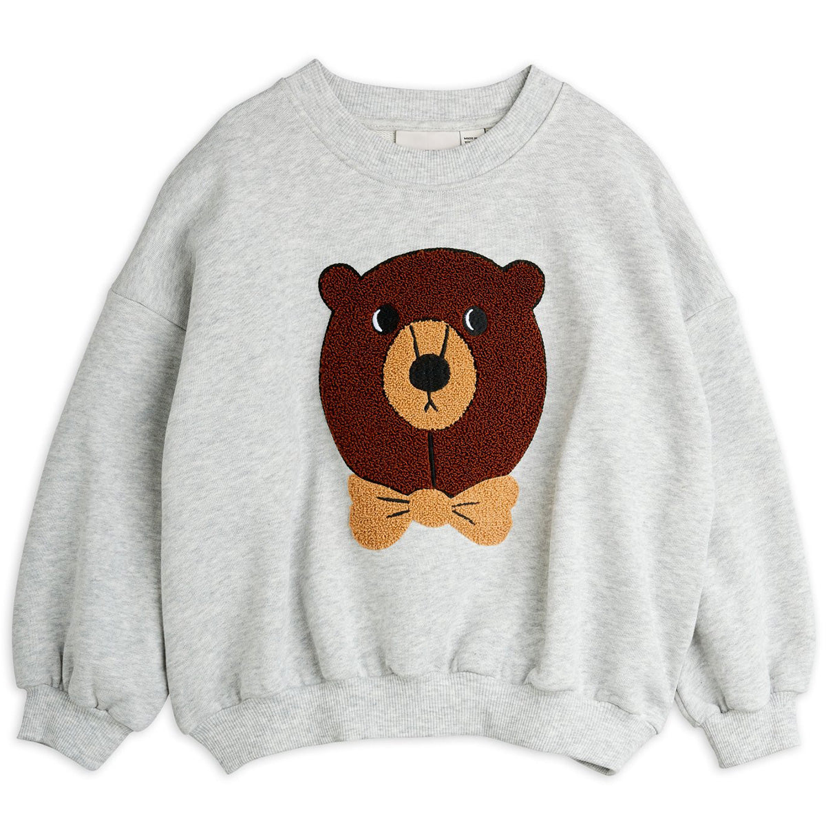 The Bear Chenille Sweatshirt from Mini Rodini. Decorated with a large chenille bear patch.