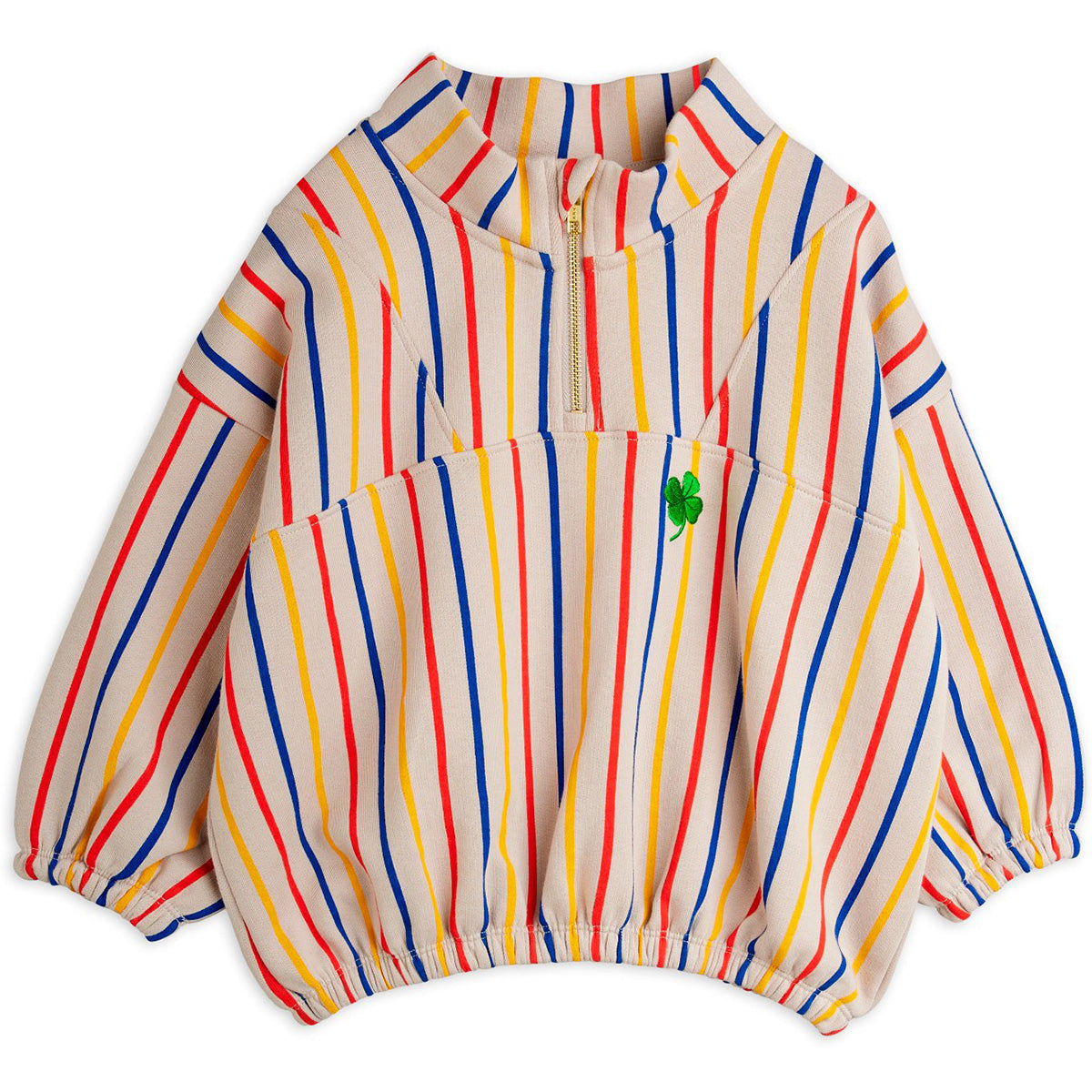 The Clover Half Zip Sweatshirt from Mini Rodini. Colorful striped pullover with a green clover embroidered patch.