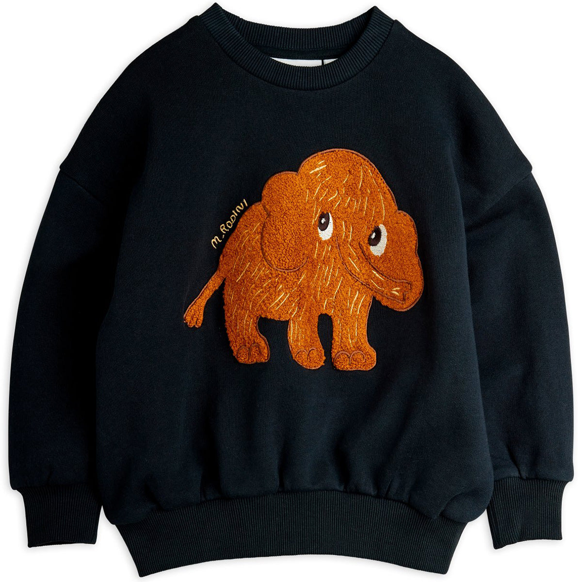 The Mammoth Chenille Sweatshirt from Mini Rodini. Black sweatshirt with a brown mammoth design.