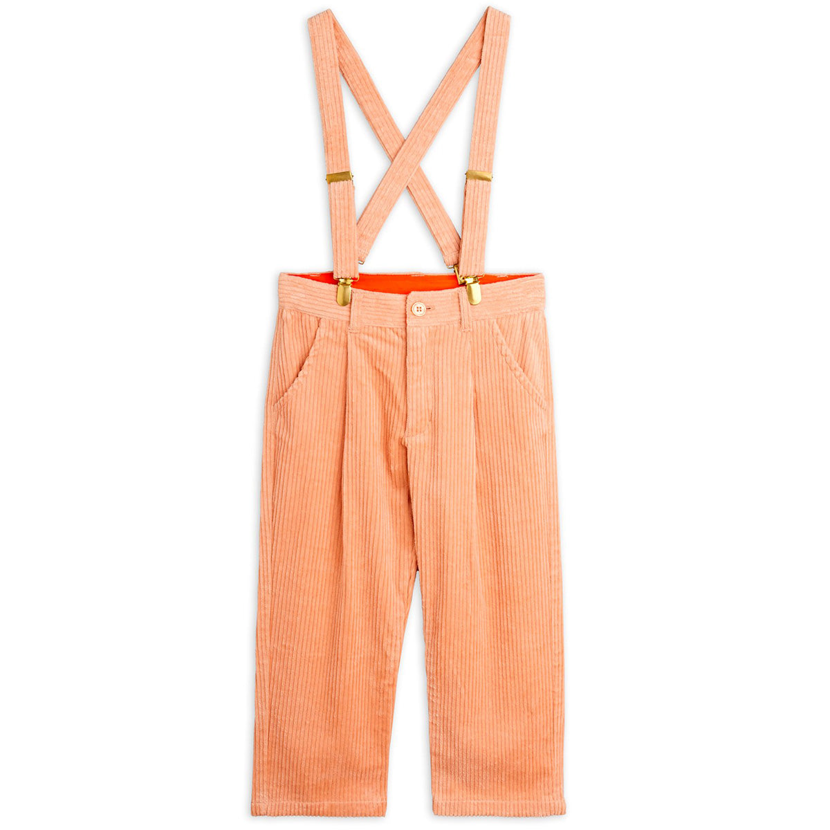 The Clover Corduroy Suspender Pants from Mini Rodini. Corduroy suspender pants with embroidered clover.