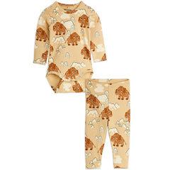 The Mammoth Baby Set from Mini Rodini. Baby set containing a long sleeve bodysuit and leggings with all over mammoth print.