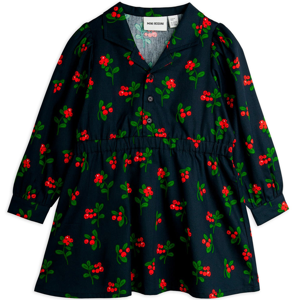 The Lingonberries Woven Long Sleeve Dress from Mini Rodini. Woven long sleeved dress in an all over lingonberries print.
