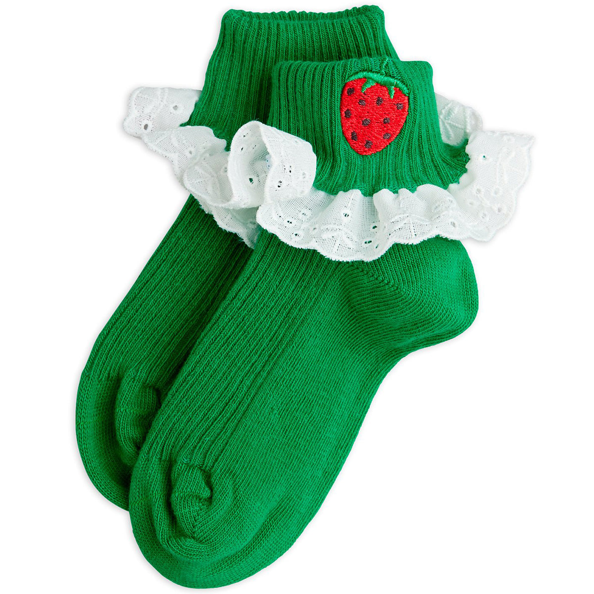 The Strawberry Lace Socks from Mini Rodini. Ribbed socks with embroidered strawberries and lace detailing.