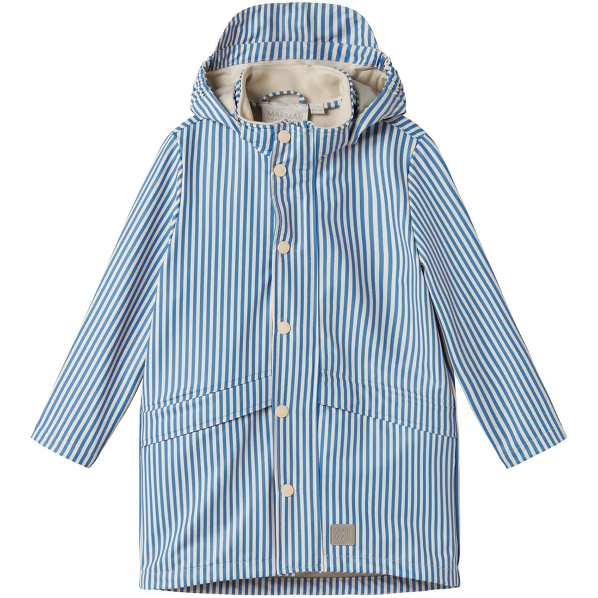 MarMar Copenhagen October Jacket in blue and cream stripes with hood and snap button front