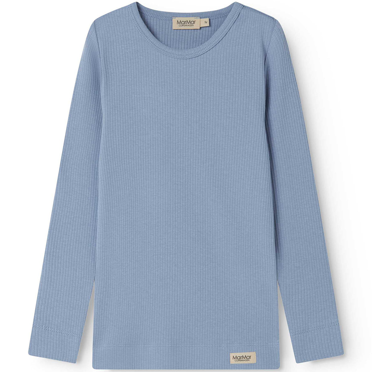 MarMar Copenhagen plain long sleeve tee in blue ribbed cotton, soft kids basic top with slim fit