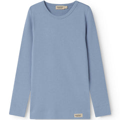 MarMar Copenhagen plain long sleeve tee in blue ribbed cotton, soft kids basic top with slim fit