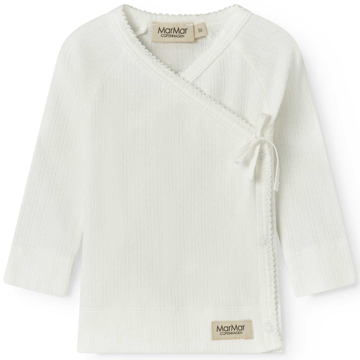 MarMar Copenhagen Tut wrap blouse in white ribbed cotton, baby kimono top with snap buttons and tie closure