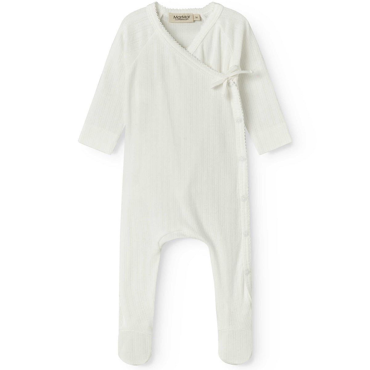 The Rubetta Jumpsuit from MarMar Copenhagen, white ribbed baby wrap romper with snap buttons and footed legs