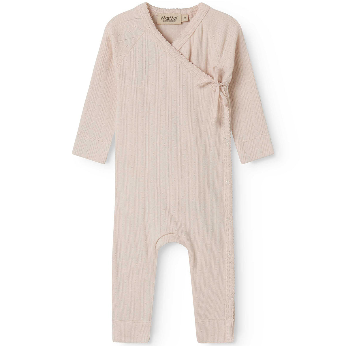 MarMar Copenhagen Rula jumpsuit in soft beige ribbed cotton, baby wrap romper with snap buttons and tie closure