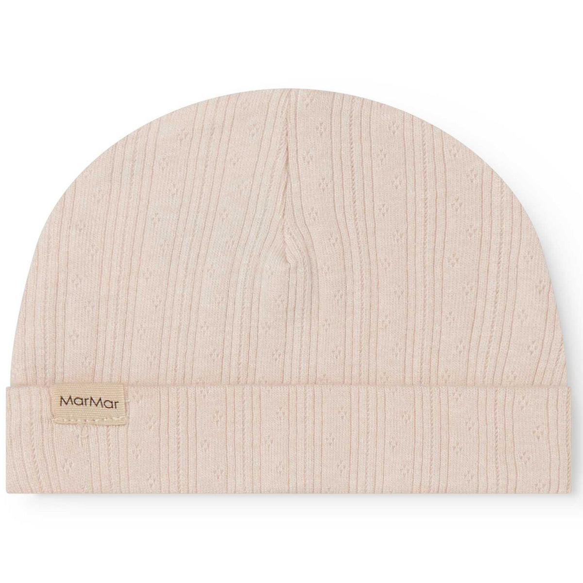 MarMar Copenhagen Aiko baby hat in soft beige ribbed cotton, newborn beanie with folded brim and logo tag