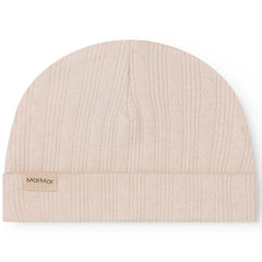 MarMar Copenhagen Aiko baby hat in soft beige ribbed cotton, newborn beanie with folded brim and logo tag
