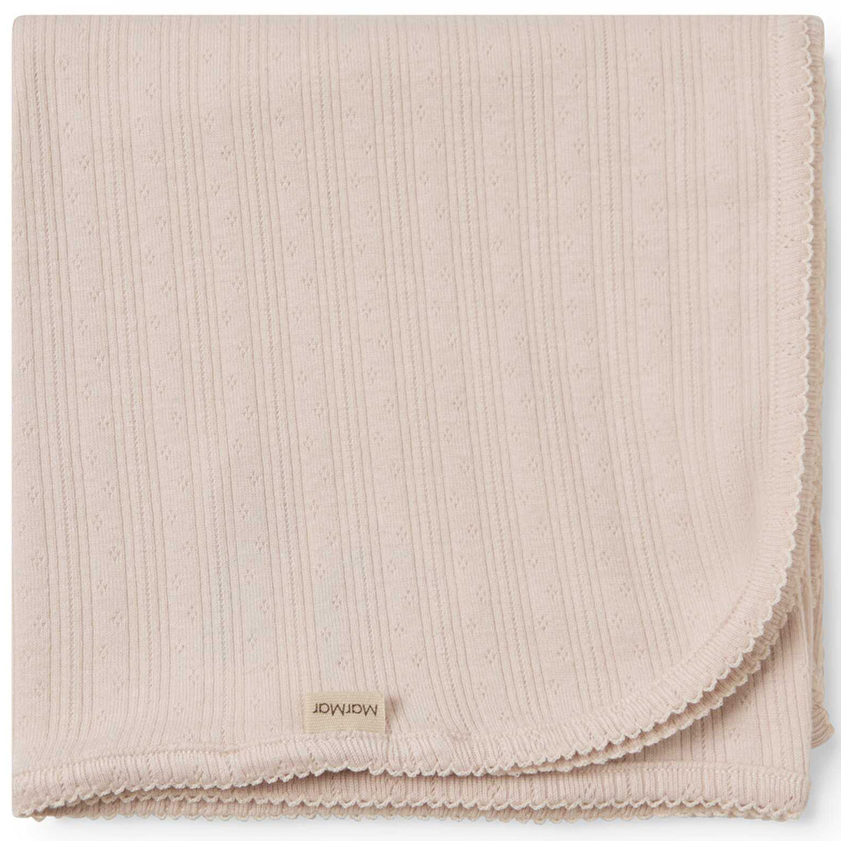 MarMar Copenhagen Alida blanket in soft beige ribbed cotton, baby wrap blanket with scalloped edges
