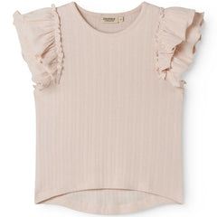 The Tavora Frill Tee from MarMar Copenhagen, soft beige ribbed cotton top with ruffle sleeves and round neckline
