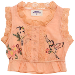 Maison Mangostan Birds Embroidered Ruffle Top in peach with lace trim and bird floral embroidery