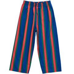 Maison Mangostan Striped Pants in blue with red and green vertical stripes and elastic waistband