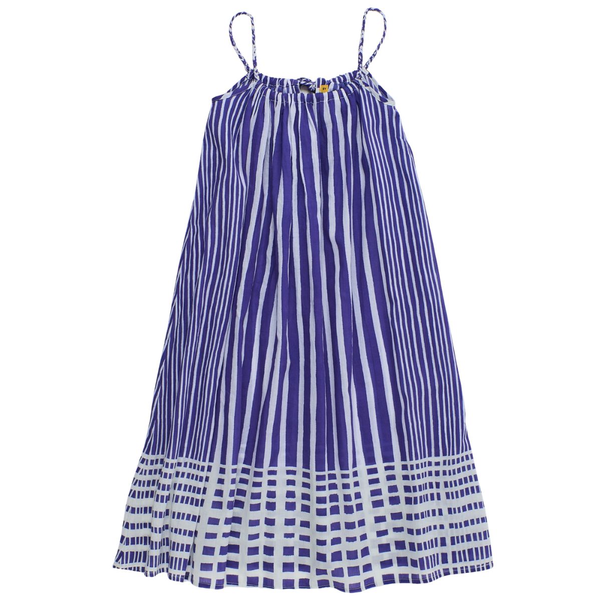 Maison Mangostan Bali Striped Dress in blue and white with vertical stripes and grid hem detail