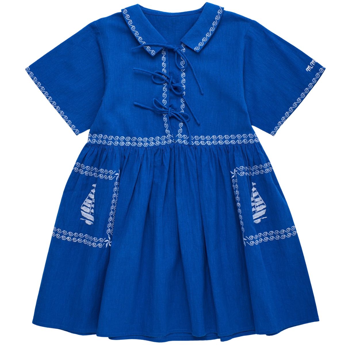 Maison Mangostan Barcos Embroidered Dress in blue with white embroidery and tie front detail