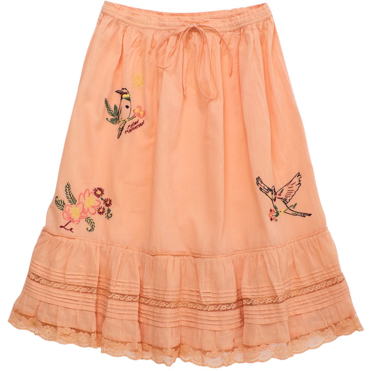 Maison Mangostan Birds Embroidered Skirt in peach with bird and floral embroidery and lace hem detail