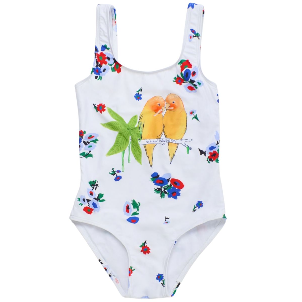 Maison Mangostan Blossom Birds Swimsuit in white with yellow lovebirds and red blue floral print