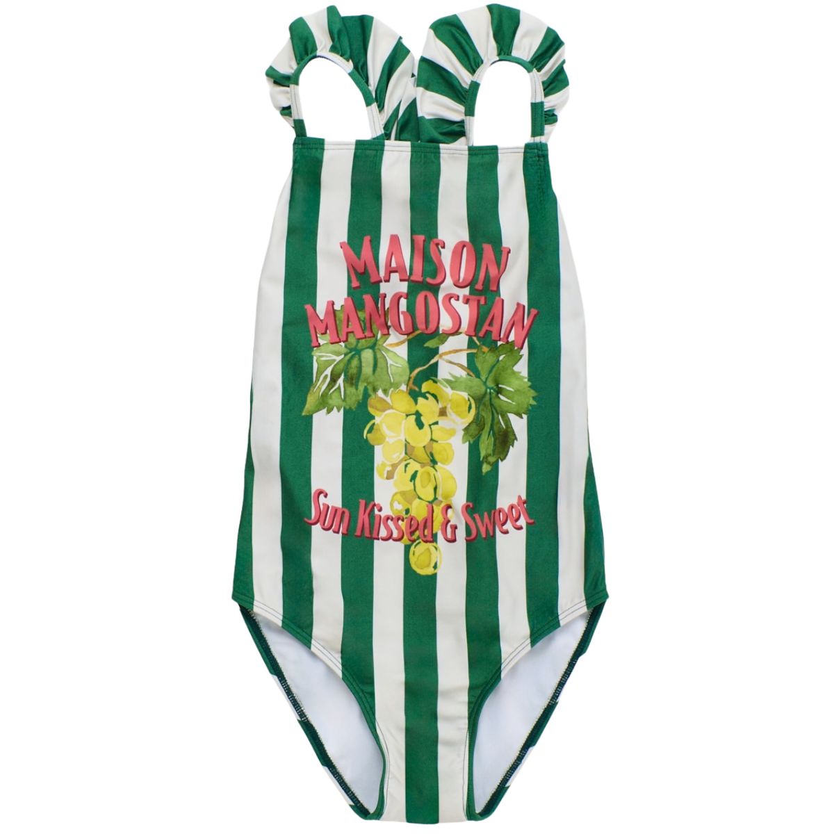 Maison Mangostan Uvas Striped Swimsuit in green white stripes with grape print and ruffle straps