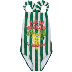 Maison Mangostan Uvas Striped Swimsuit in green white stripes with grape print and ruffle straps