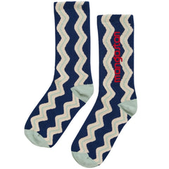 Maison Mangostan Wavy Socks in navy with cream zigzag design and light green heel and toe