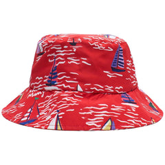 Maison Mangostan Barcos Bucket Hat in red with colorful sailboat print and stitched brim