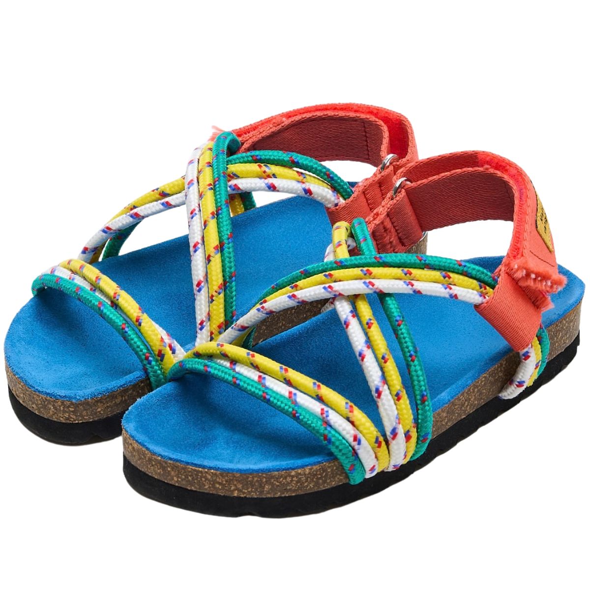 Maison Mangostan Arandano Sandal with colorful rope straps blue footbed and coral ankle strap
