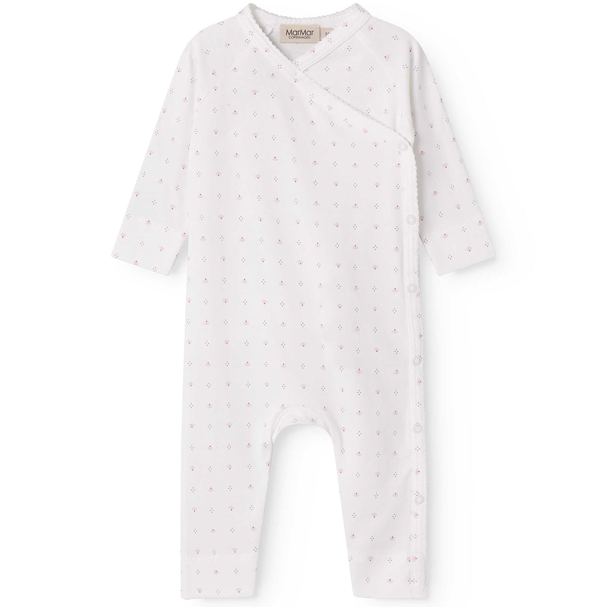MarMar Copenhagen Rulo Jumpsuit white baby onesie with wrap front, snap buttons and delicate pink micro floral print.